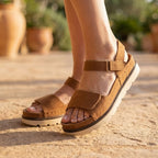 Suede Effect Double Strap Velcro Flatform Sandals