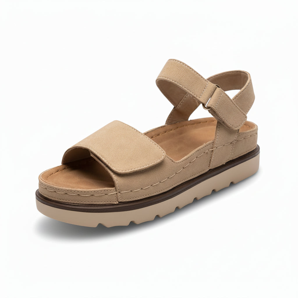 Suede Effect Double Strap Velcro Flatform Sandals