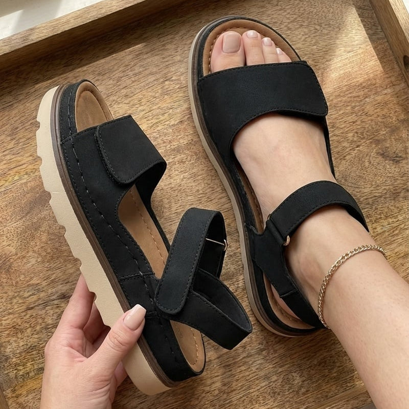 Suede Effect Double Strap Velcro Flatform Sandals