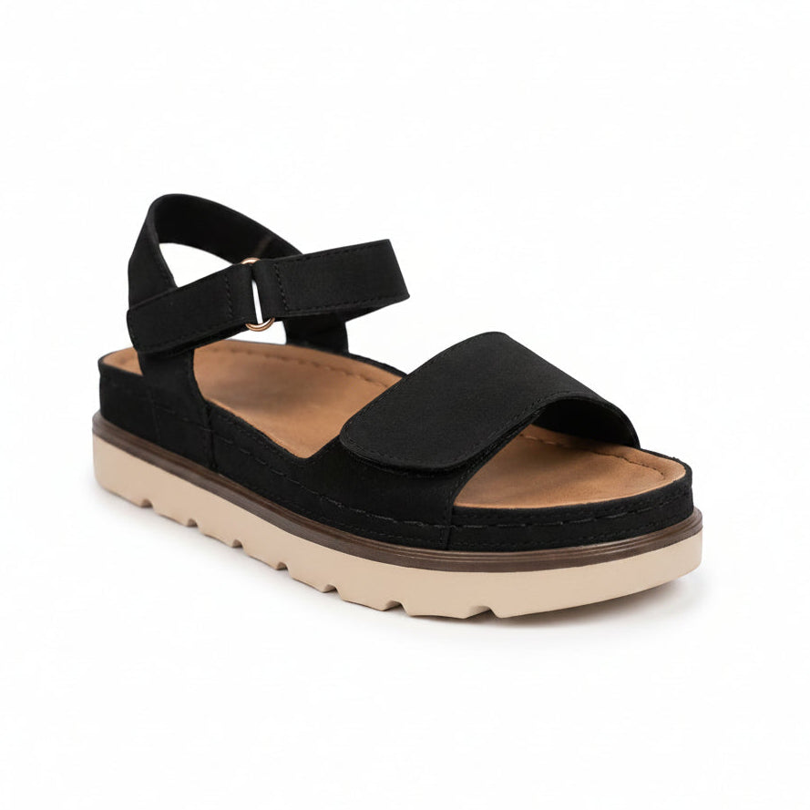 Suede Effect Double Strap Velcro Flatform Sandals