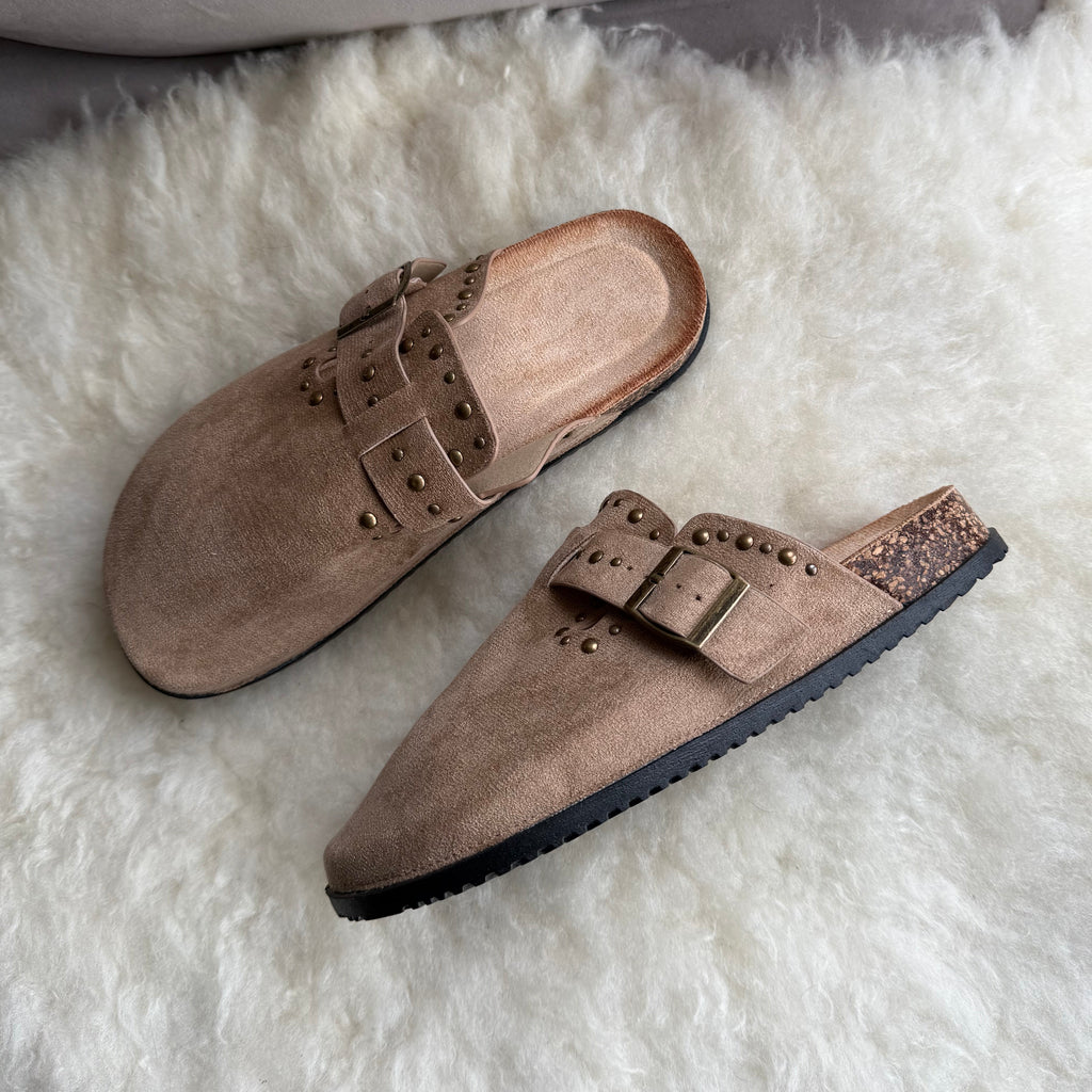 Studded Suede Effect Cork Sole Clogs