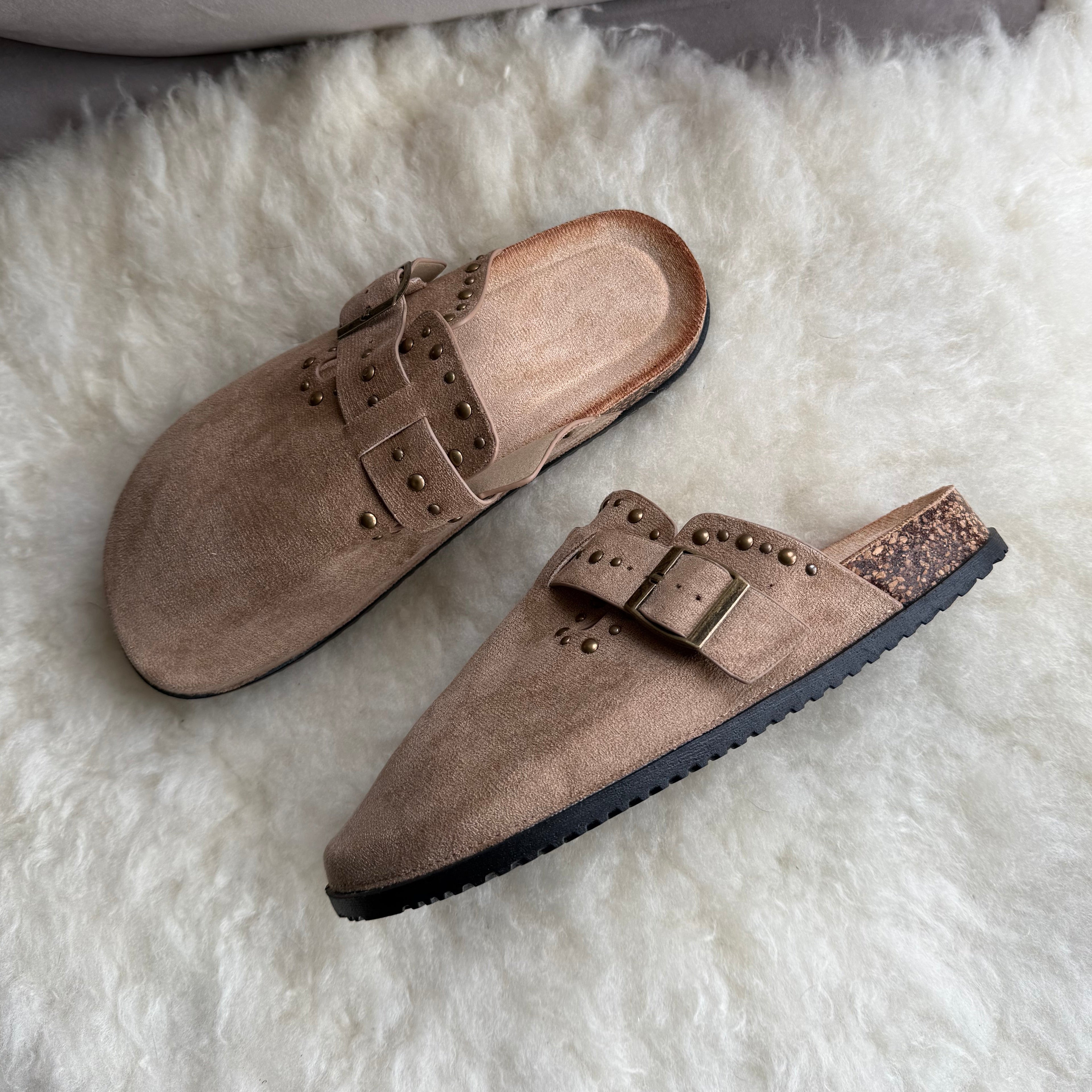 Studded Suede Effect Cork Sole Clogs