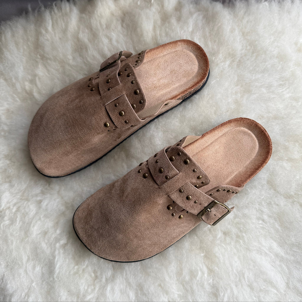Studded Suede Effect Cork Sole Clogs