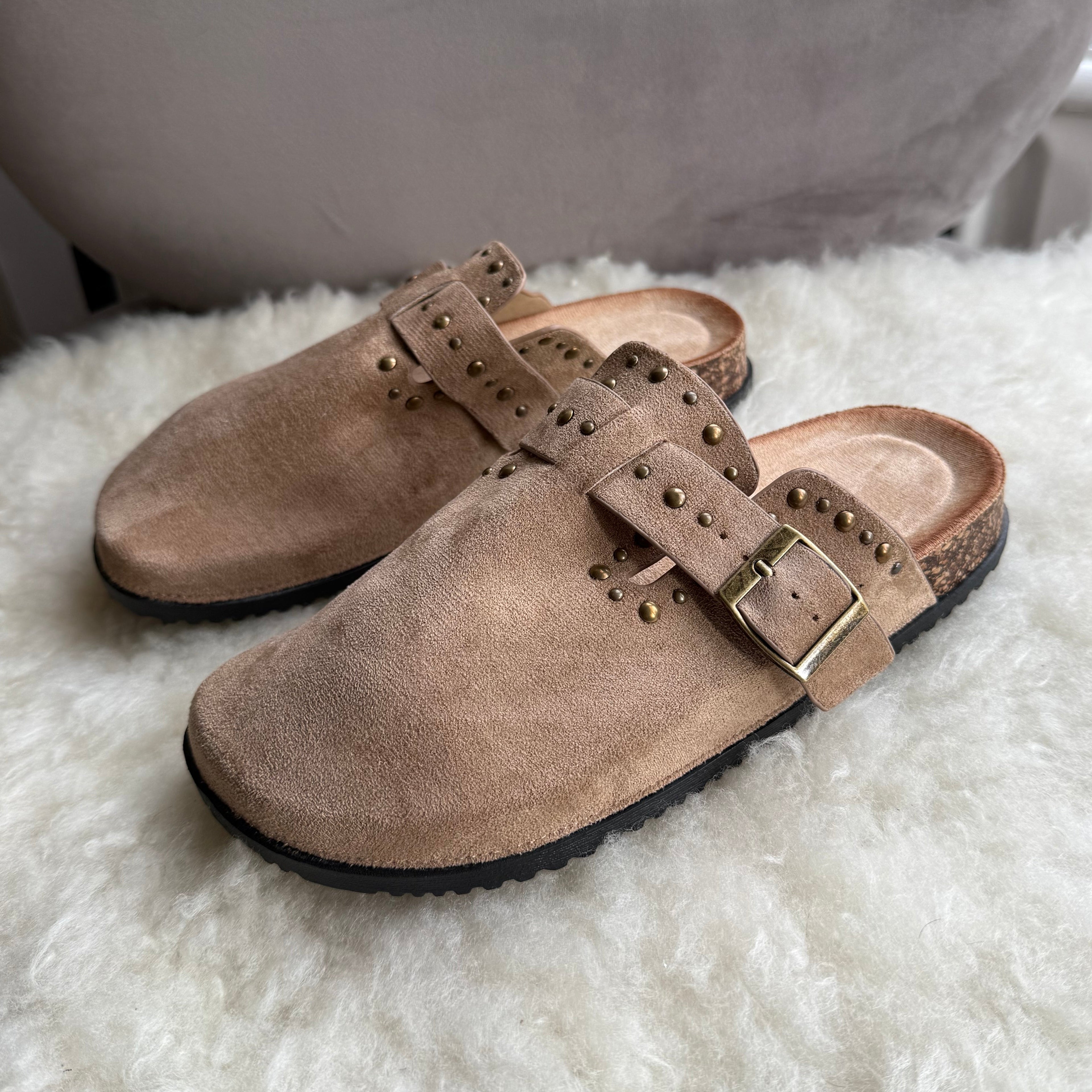 Studded Suede Effect Cork Sole Clogs