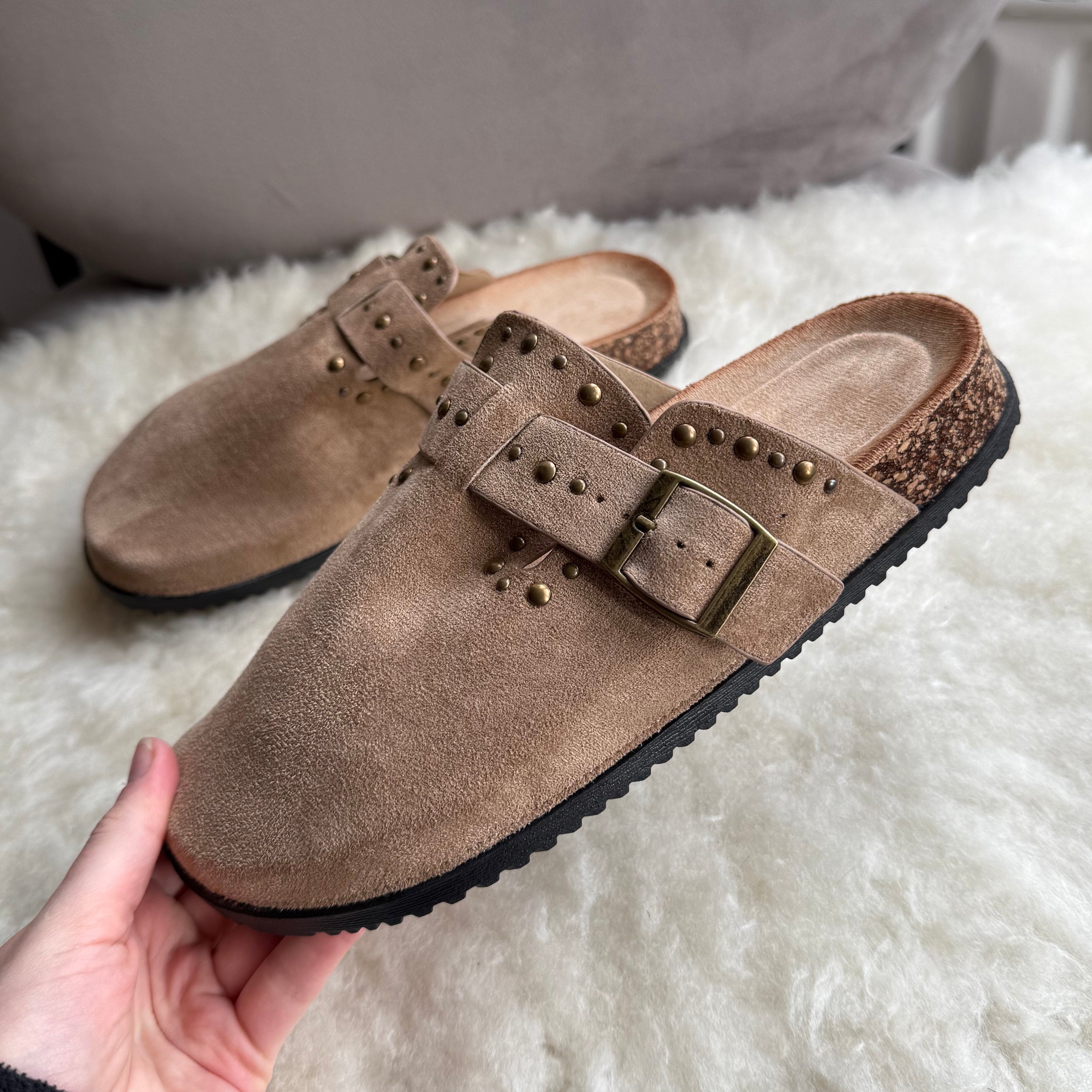Studded Suede Effect Cork Sole Clogs