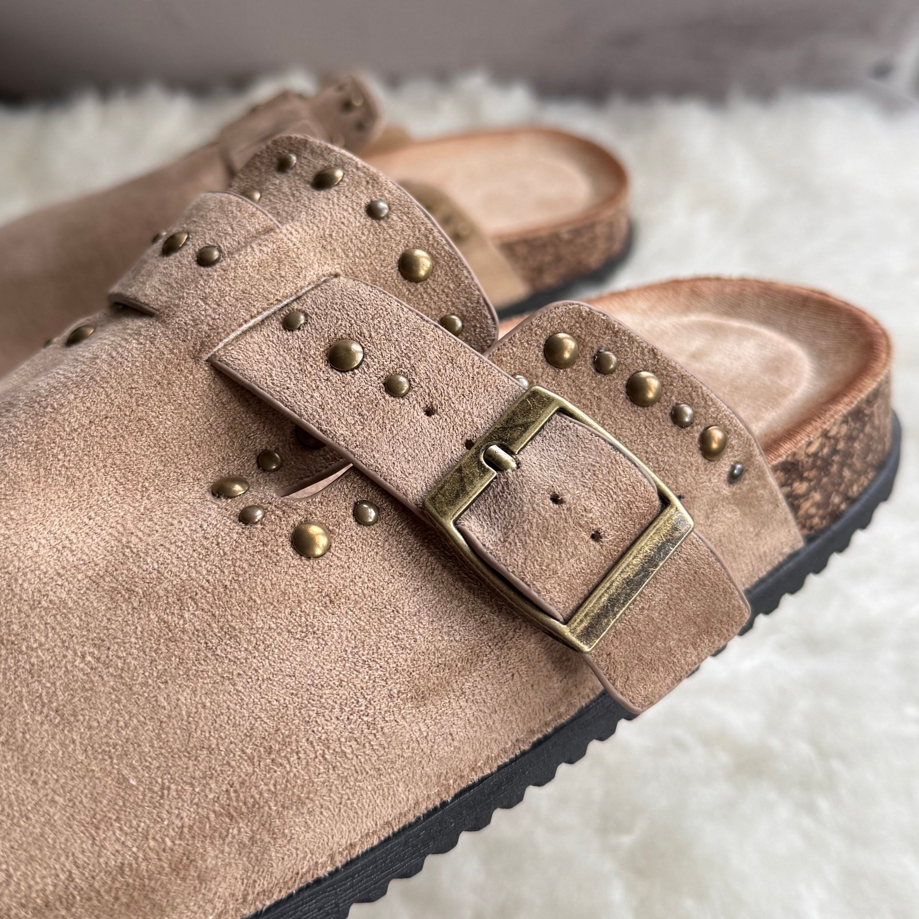 Studded Suede Effect Cork Sole Clogs