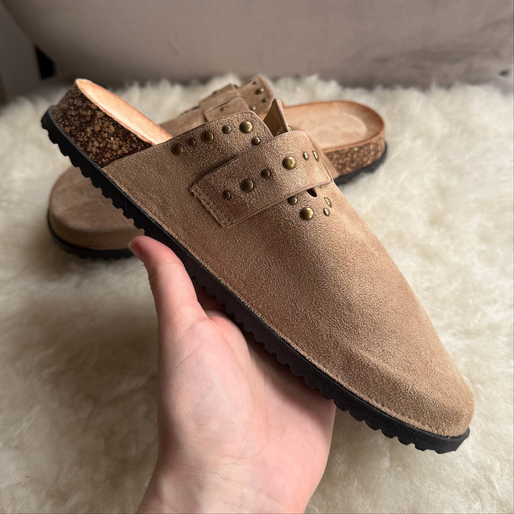 Studded Suede Effect Cork Sole Clogs