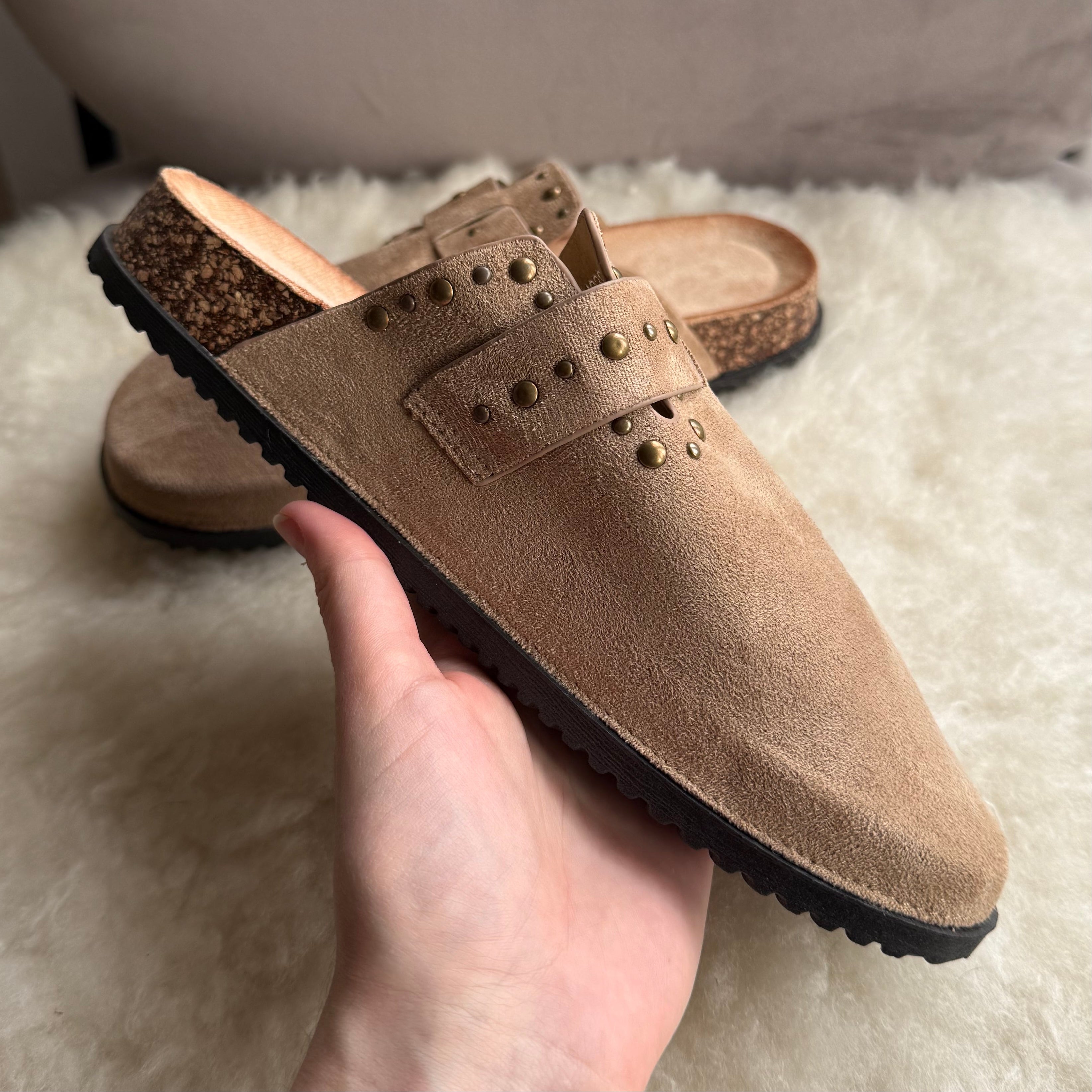Studded Suede Effect Cork Sole Clogs
