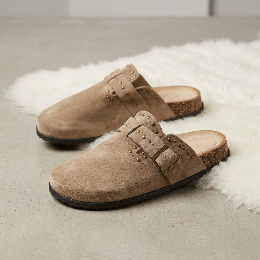 Studded Suede Effect Cork Sole Clogs