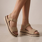 Suede Effect Double Strap Velcro Flatform Sandals