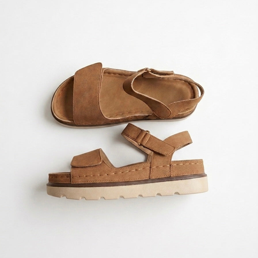 Suede Effect Double Strap Velcro Flatform Sandals