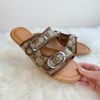 Double Strap Monogram Slide Sandals with Oval Buckle
