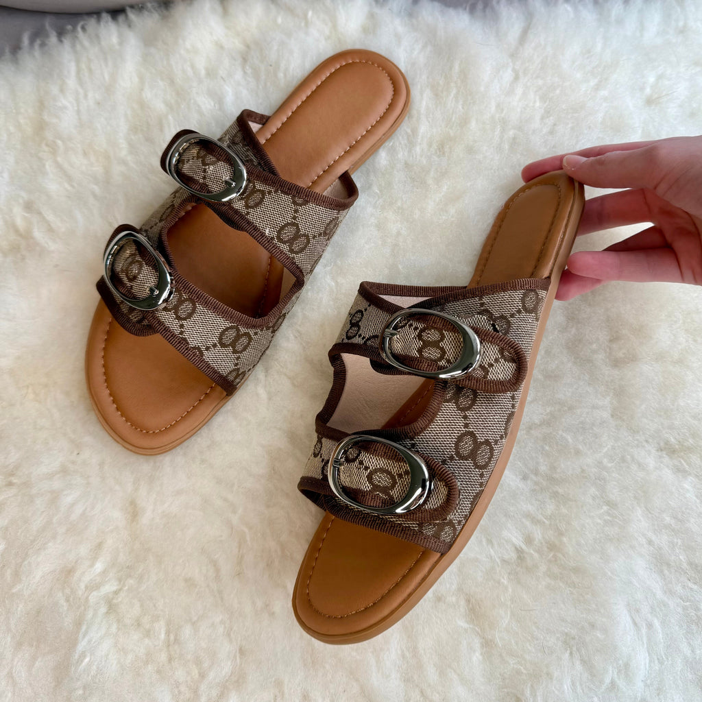 Double Strap Monogram Slide Sandals with Oval Buckle