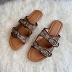 Double Strap Monogram Slide Sandals with Oval Buckle