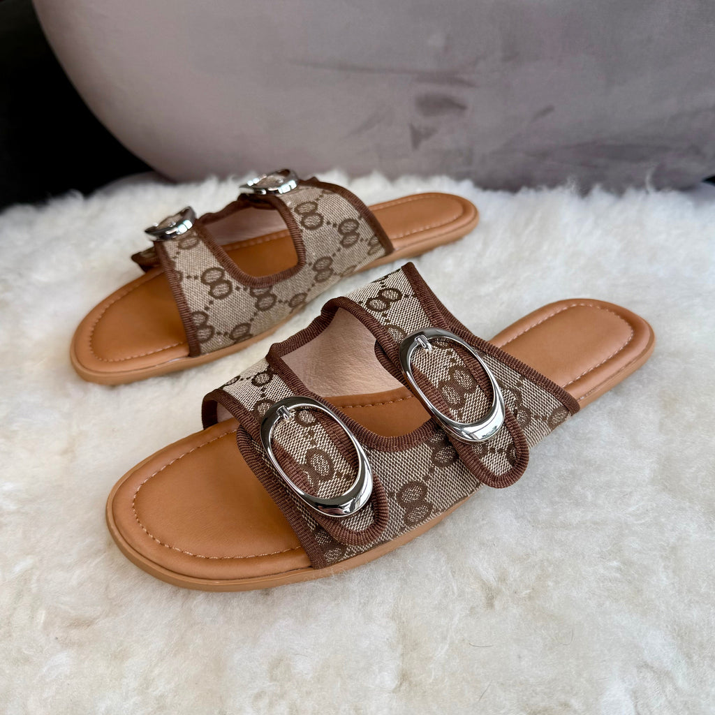 Double Strap Monogram Slide Sandals with Oval Buckle