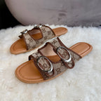Double Strap Monogram Slide Sandals with Oval Buckle