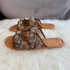 Double Strap Monogram Slide Sandals with Oval Buckle