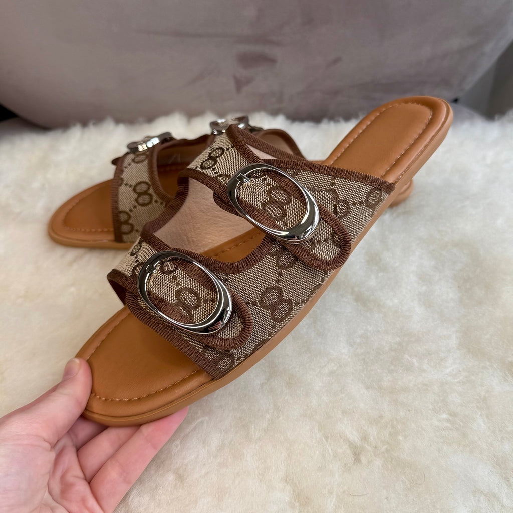 Double Strap Monogram Slide Sandals with Oval Buckle