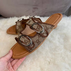 Double Strap Monogram Slide Sandals with Oval Buckle
