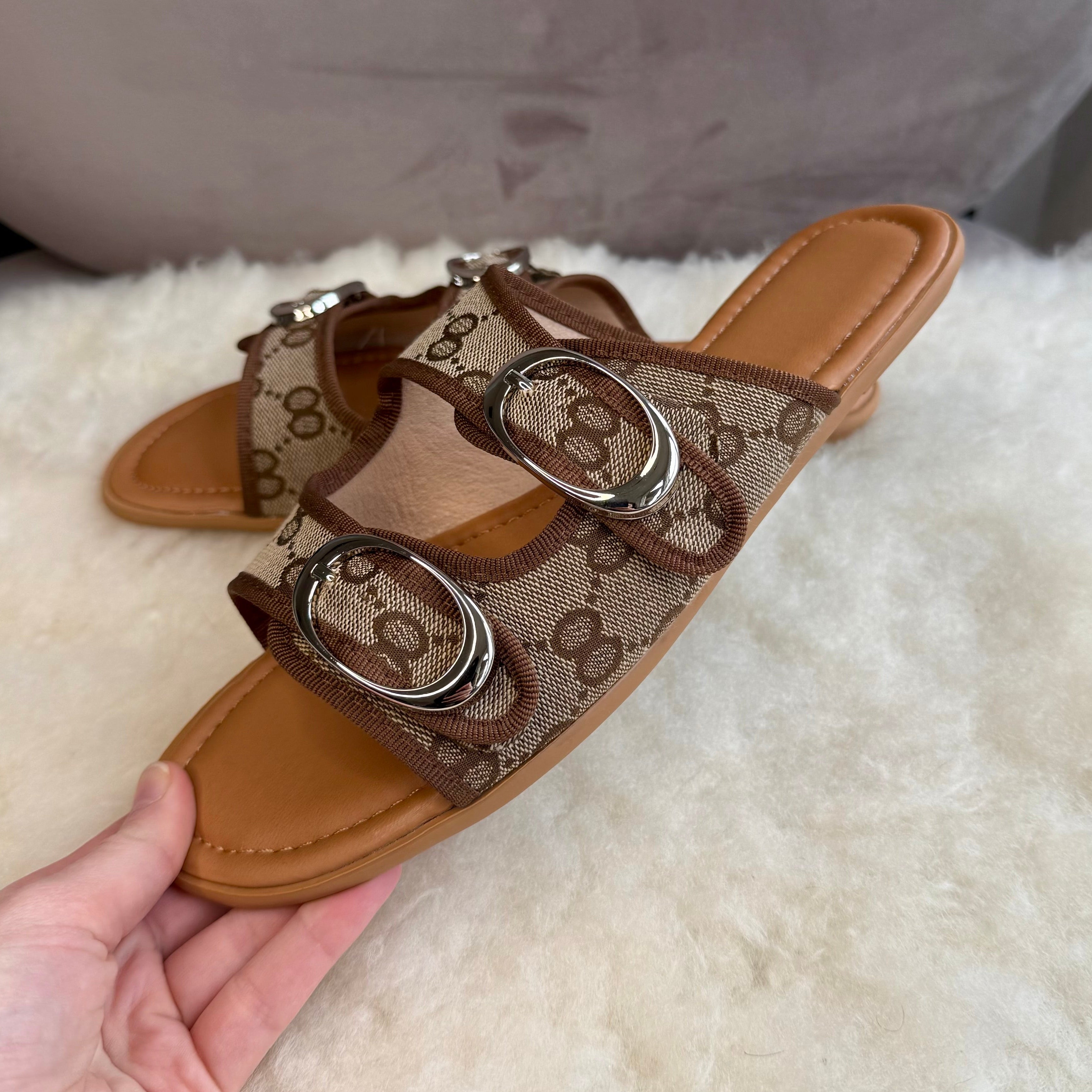 Double Strap Monogram Slide Sandals with Oval Buckle