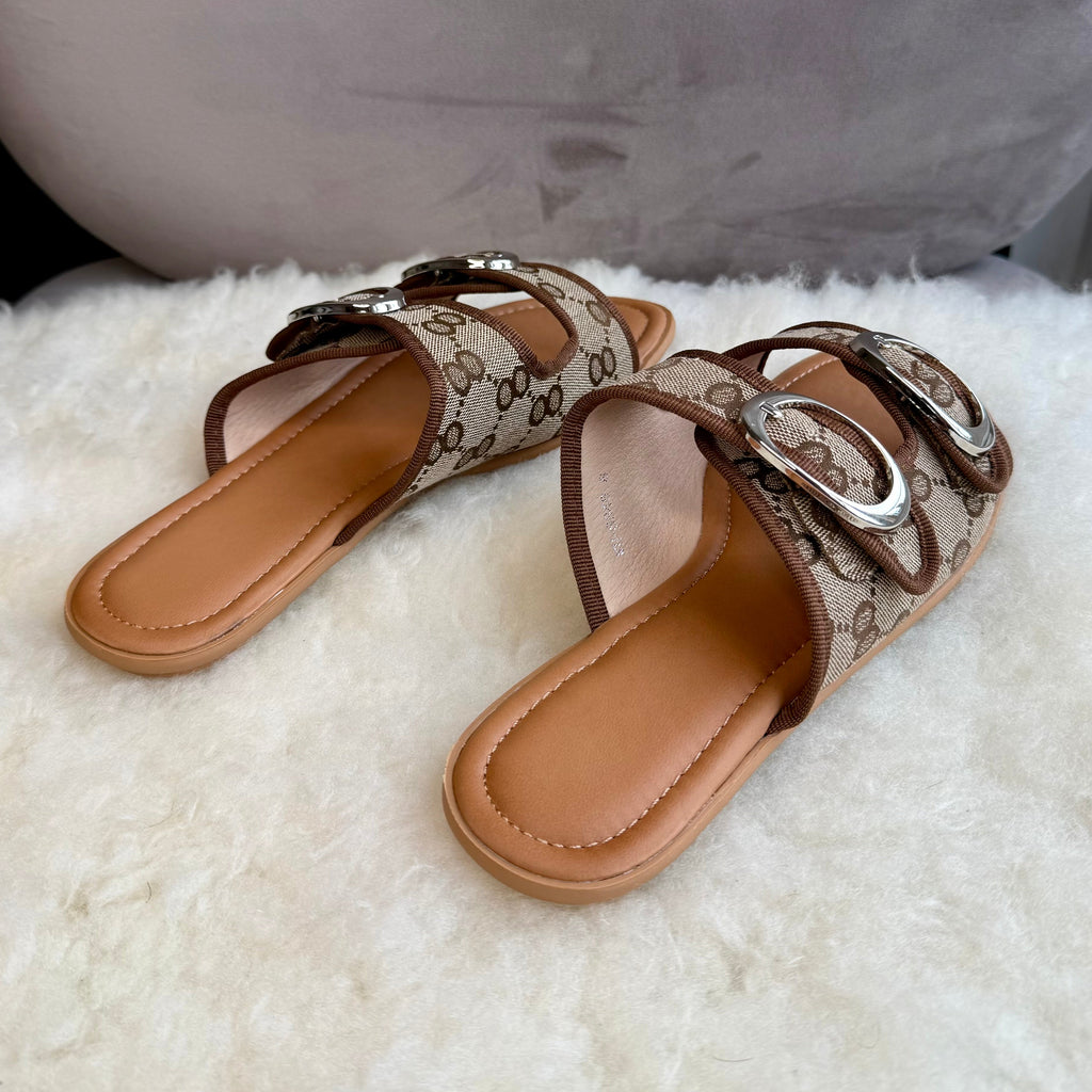 Double Strap Monogram Slide Sandals with Oval Buckle