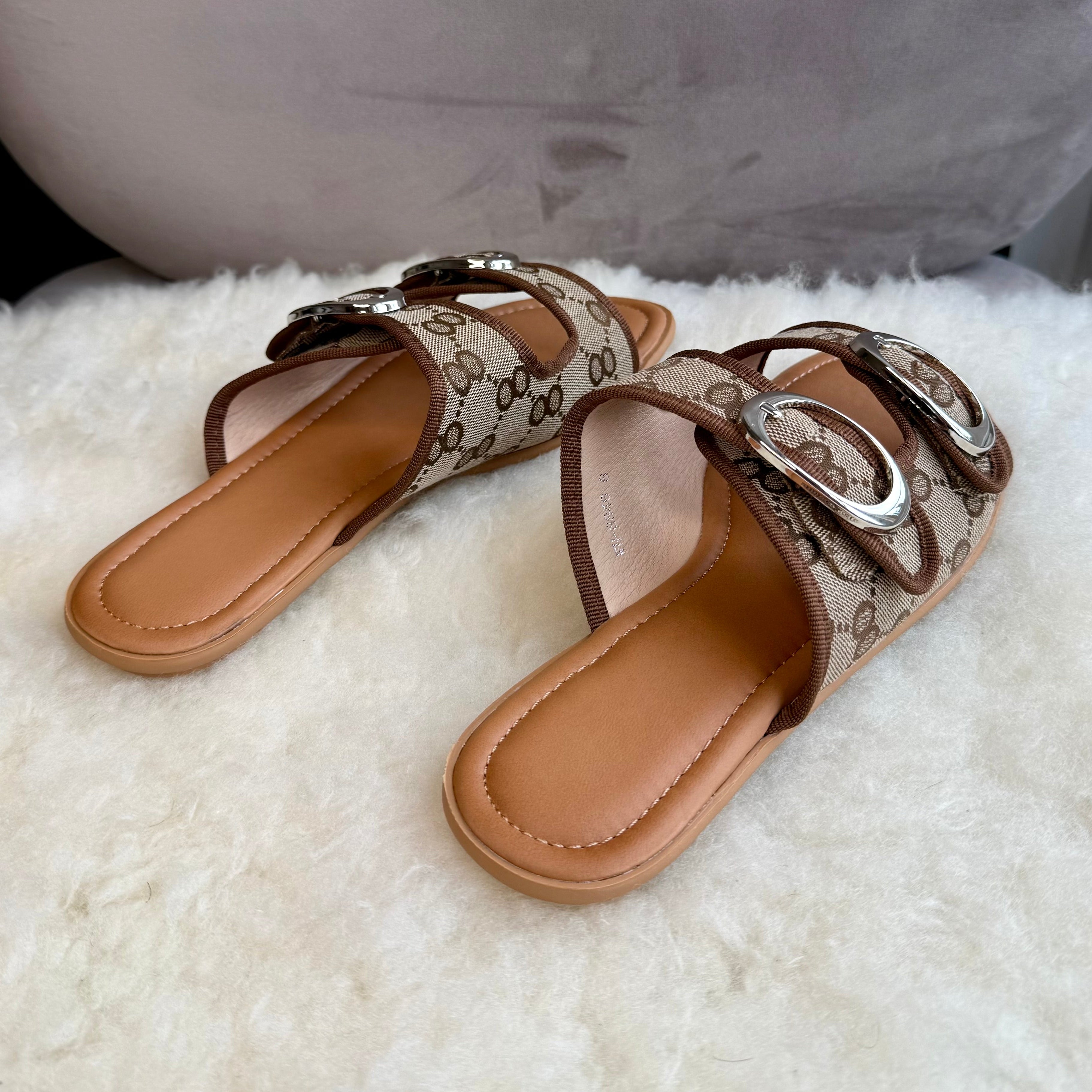 Double Strap Monogram Slide Sandals with Oval Buckle