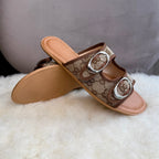 Double Strap Monogram Slide Sandals with Oval Buckle