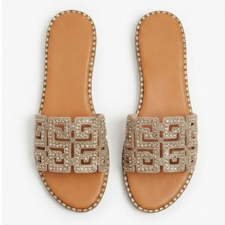 Rhinestone Embellished Geometric Cutout Design Flat Slide Sandals