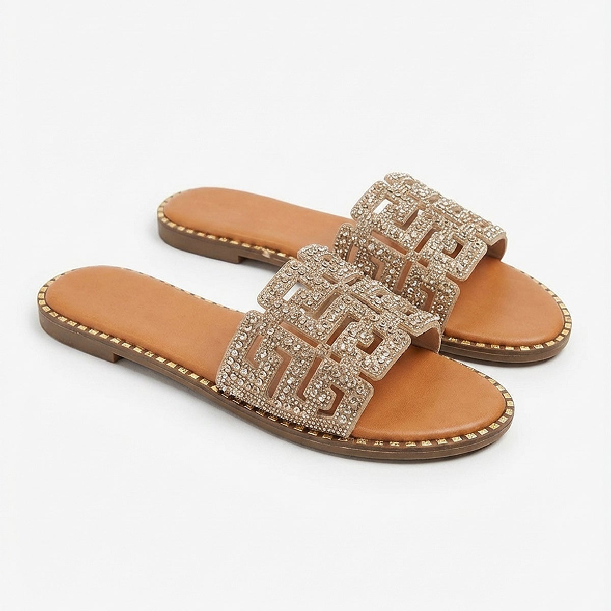 Rhinestone Embellished Geometric Cutout Design Flat Slide Sandals