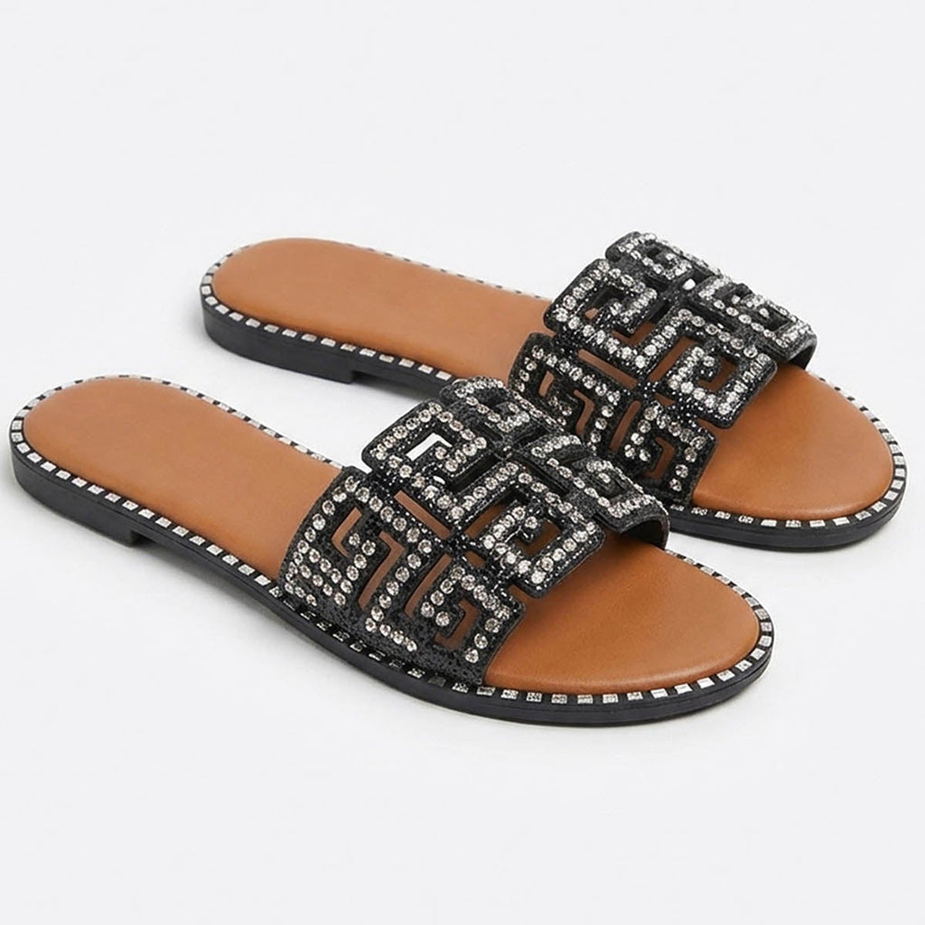 Rhinestone Embellished Geometric Cutout Design Flat Slide Sandals
