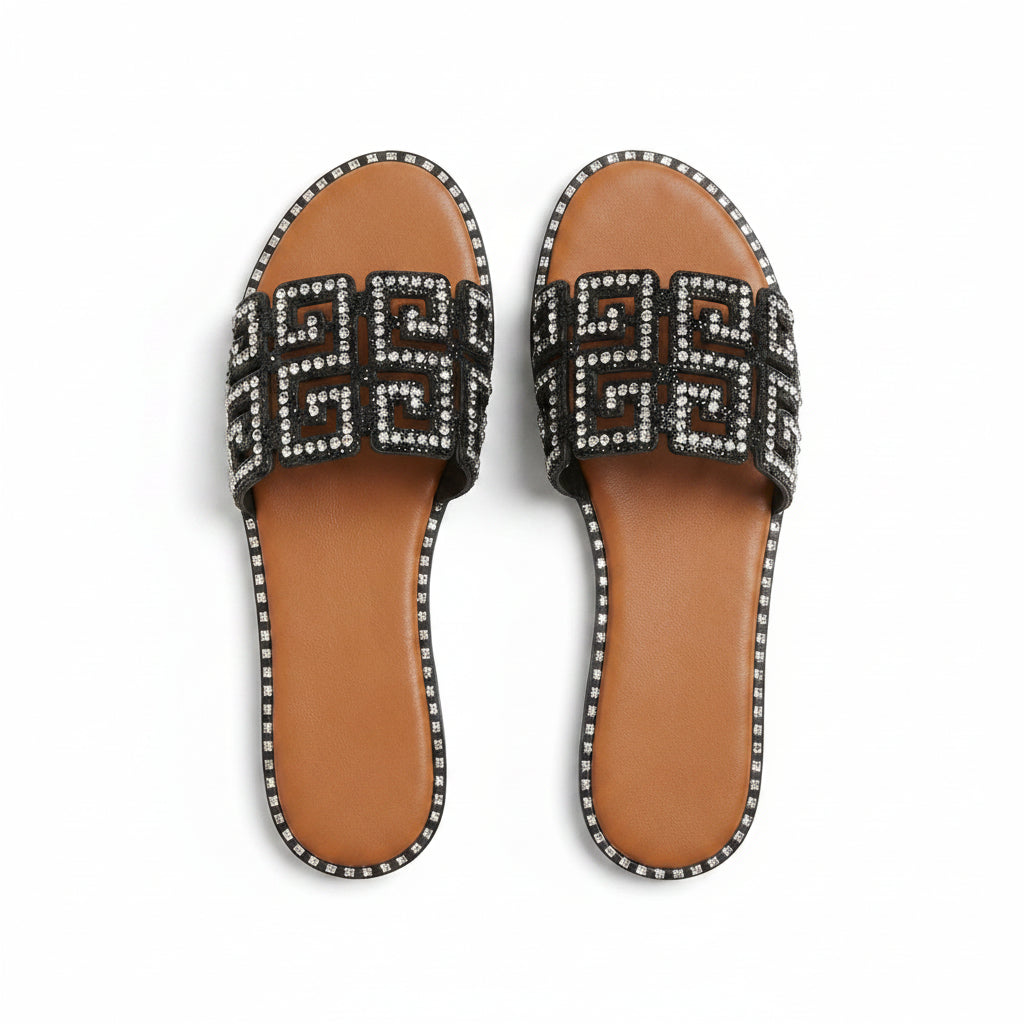 Rhinestone Embellished Geometric Cutout Design Flat Slide Sandals