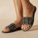 Rhinestone Embellished Geometric Cutout Design Flat Slide Sandals