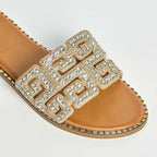 Rhinestone Embellished Geometric Cutout Design Flat Slide Sandals