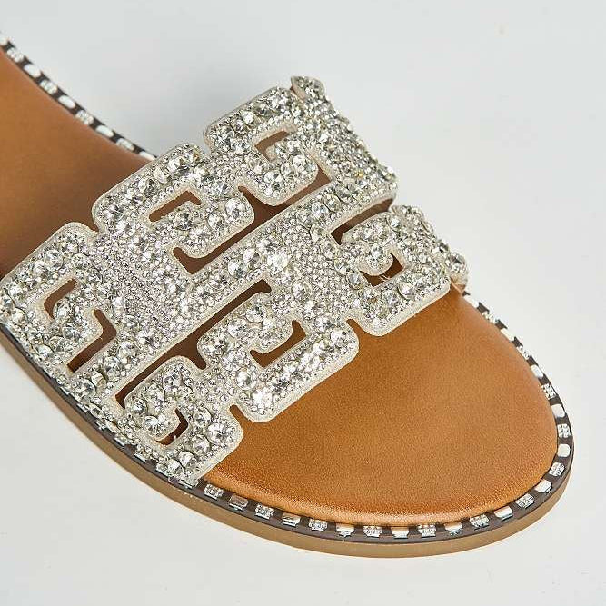 Rhinestone Embellished Geometric Cutout Design Flat Slide Sandals