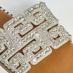 Rhinestone Embellished Geometric Cutout Design Flat Slide Sandals
