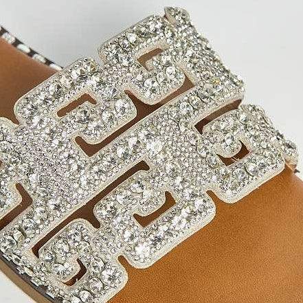 Rhinestone Embellished Geometric Cutout Design Flat Slide Sandals