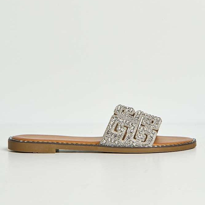Rhinestone Embellished Geometric Cutout Design Flat Slide Sandals
