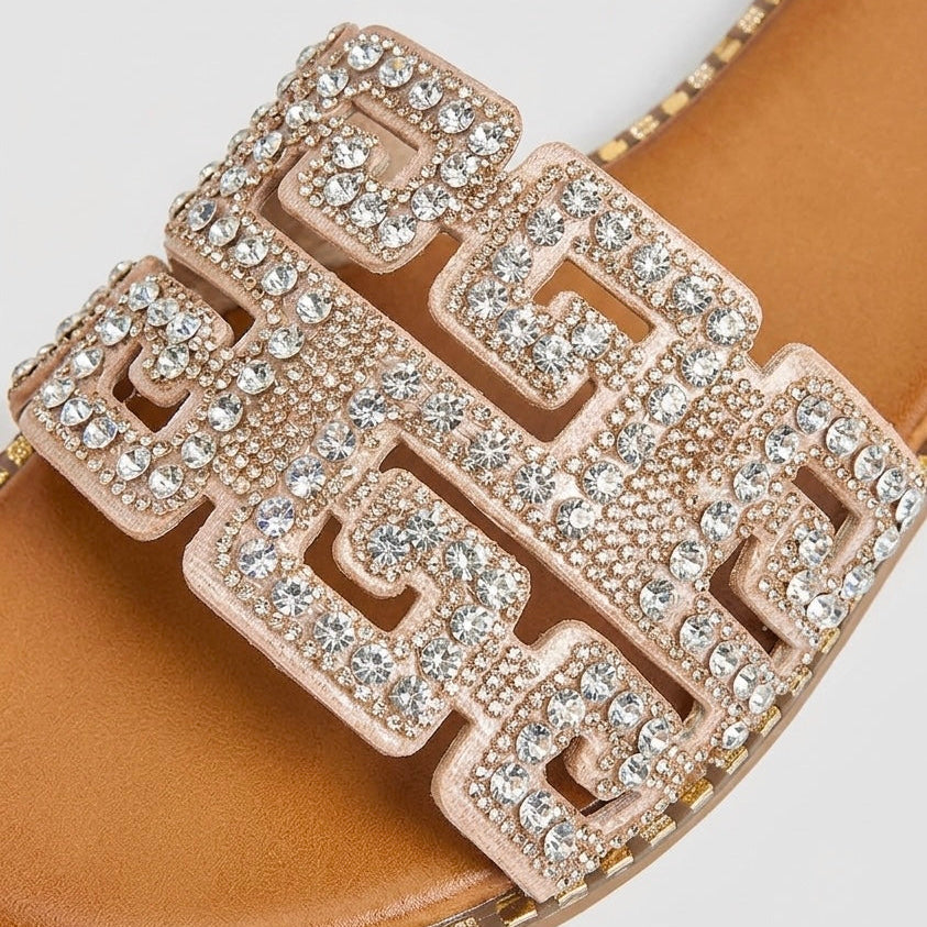Rhinestone Embellished Geometric Cutout Design Flat Slide Sandals