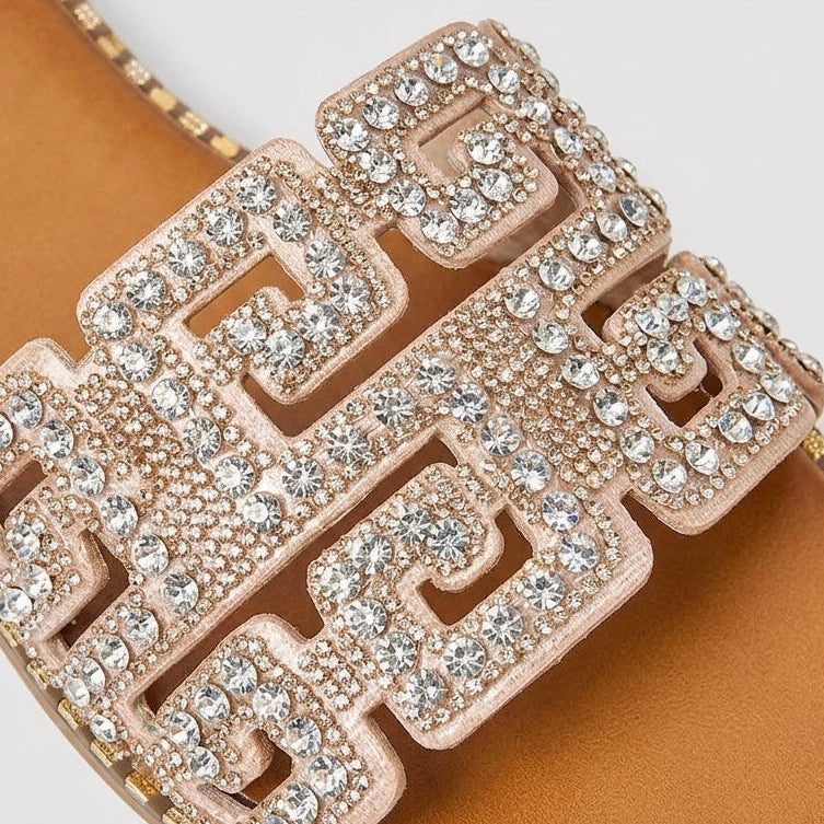 Rhinestone Embellished Geometric Cutout Design Flat Slide Sandals