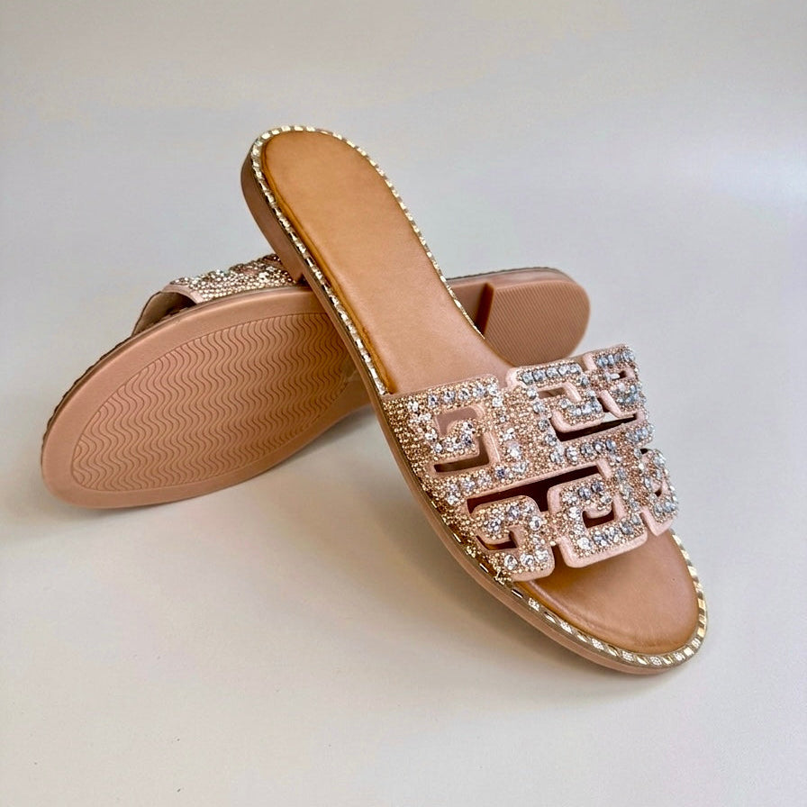 Rhinestone Embellished Geometric Cutout Design Flat Slide Sandals