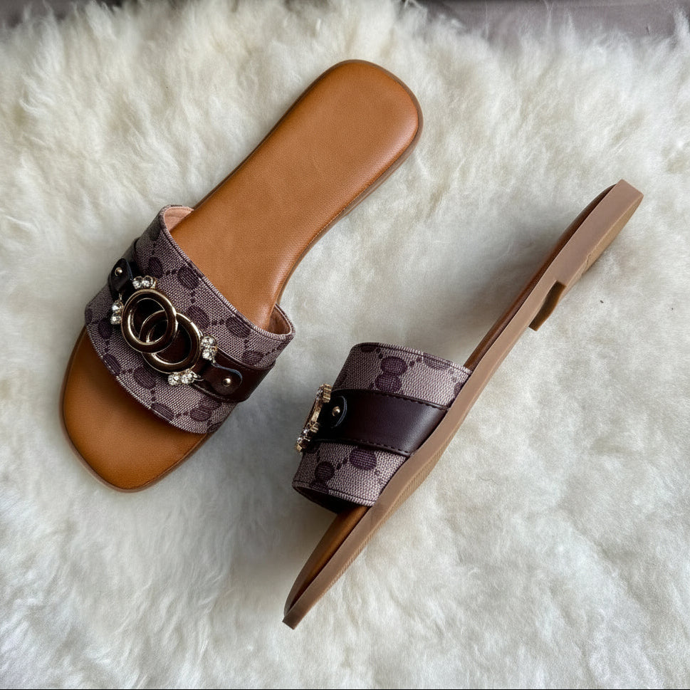 Monogram Print Sliders with Interlocking Ring Detail