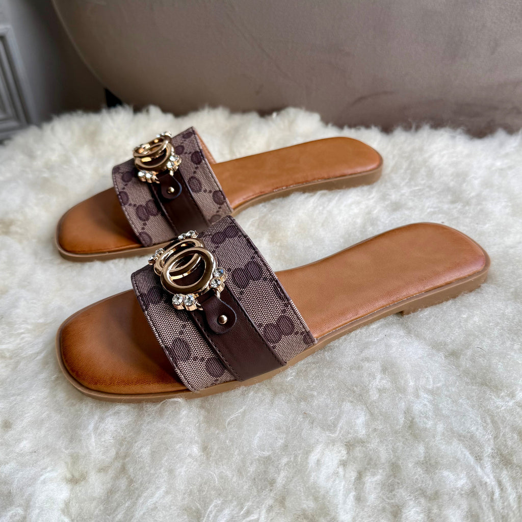 Monogram Print Sliders with Interlocking Ring Detail