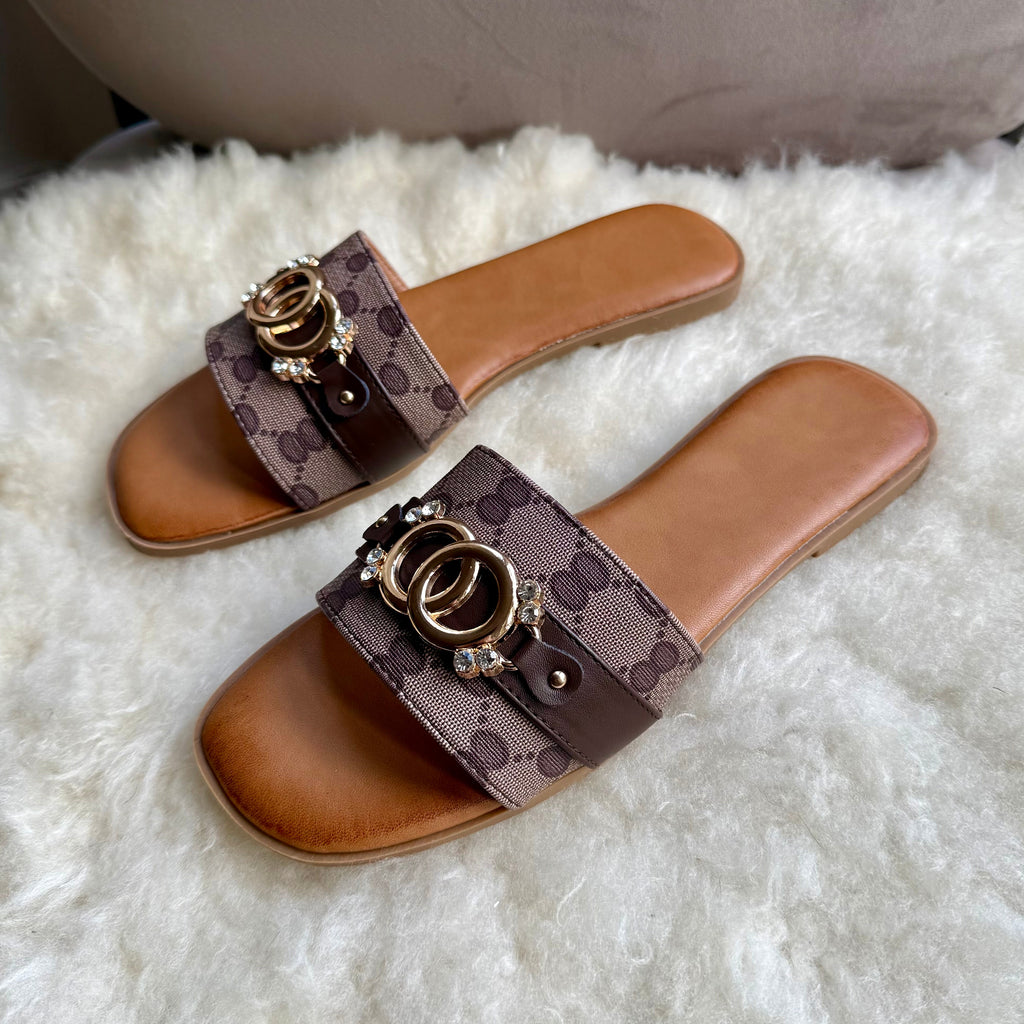 Monogram Print Sliders with Interlocking Ring Detail