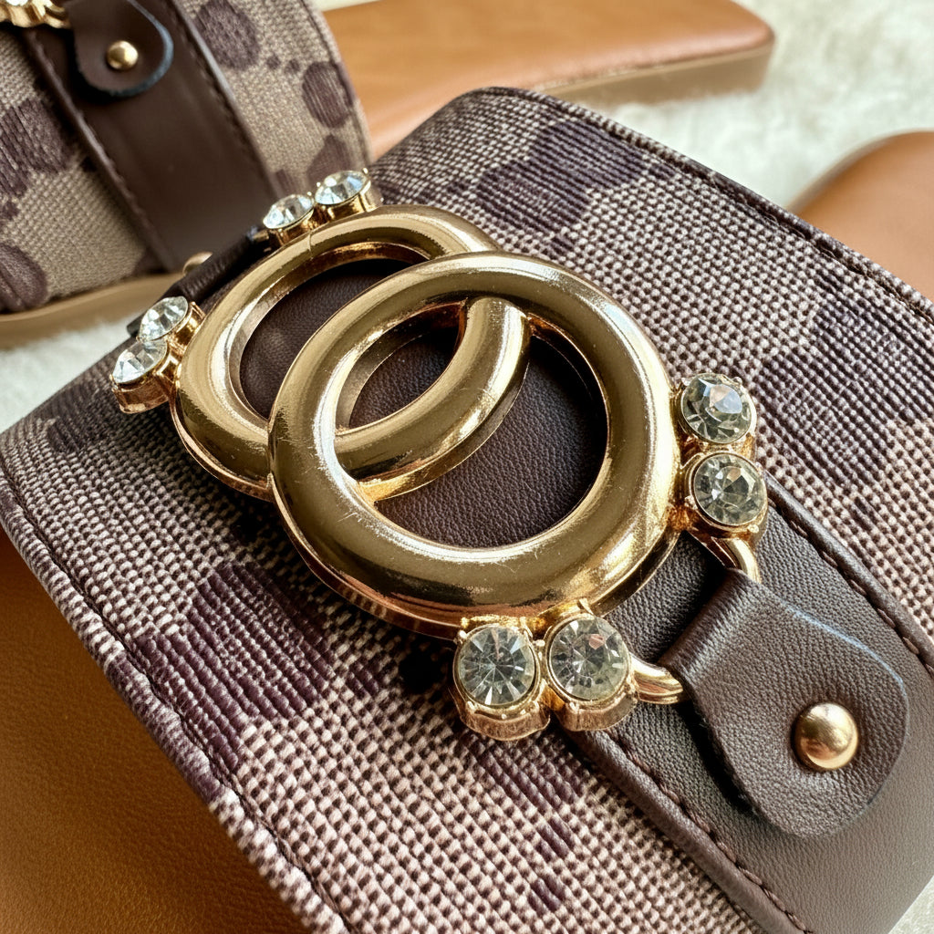 Monogram Print Sliders with Interlocking Ring Detail