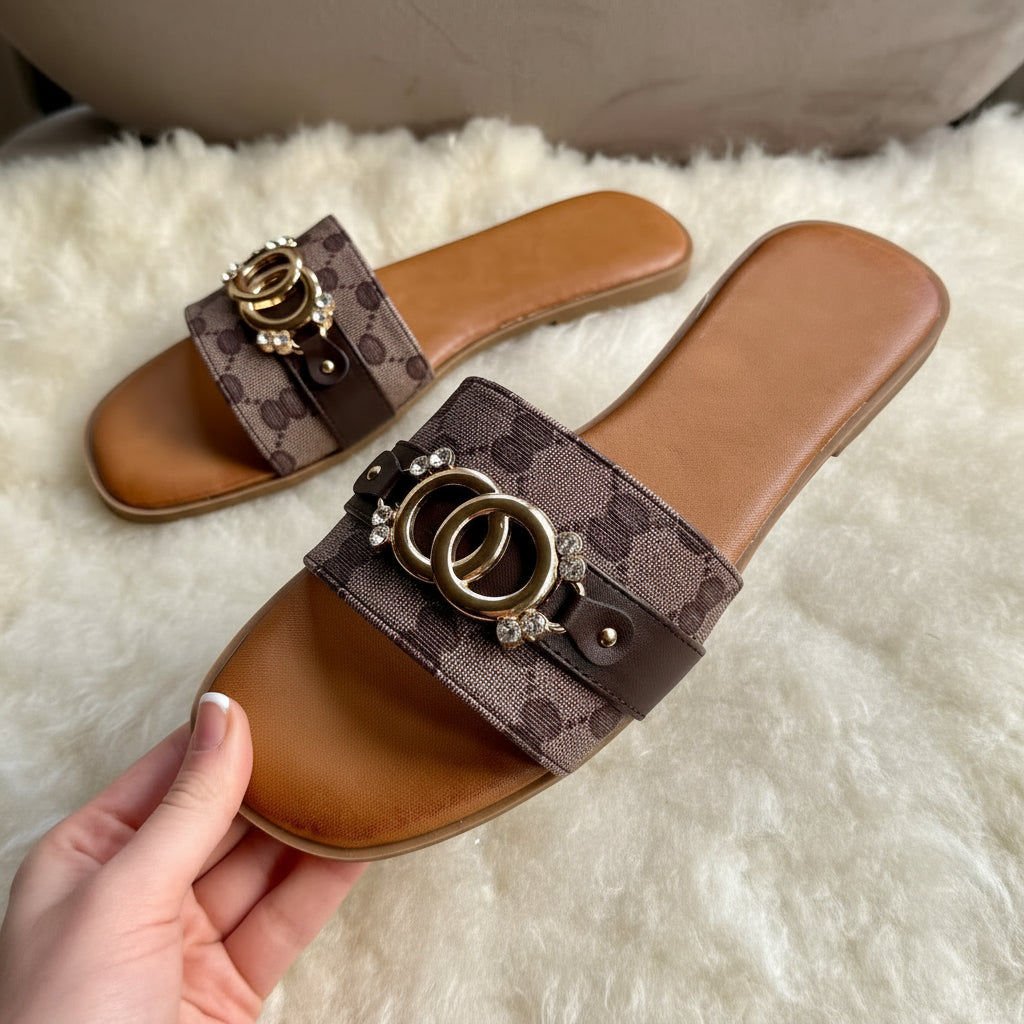 Monogram Print Sliders with Interlocking Ring Detail