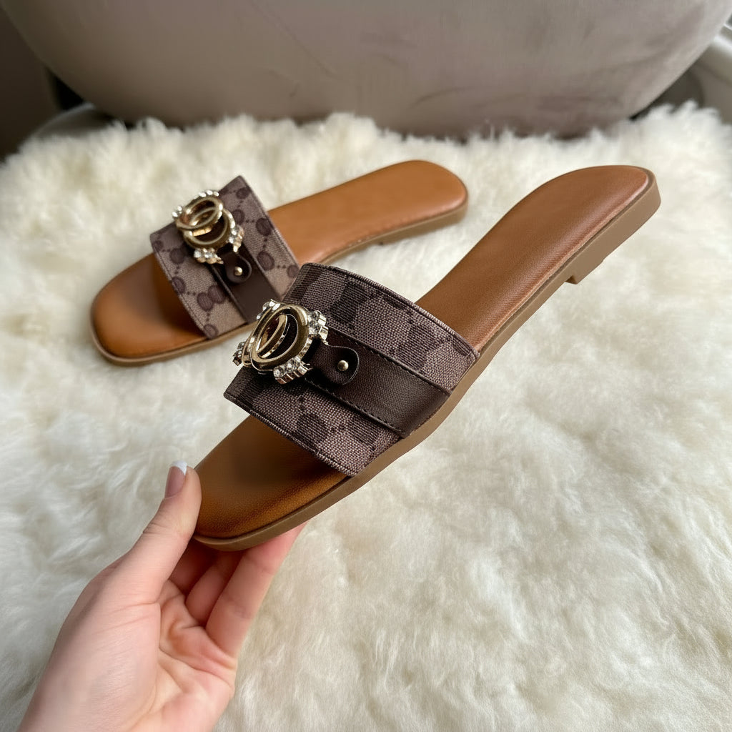 Monogram Print Sliders with Interlocking Ring Detail