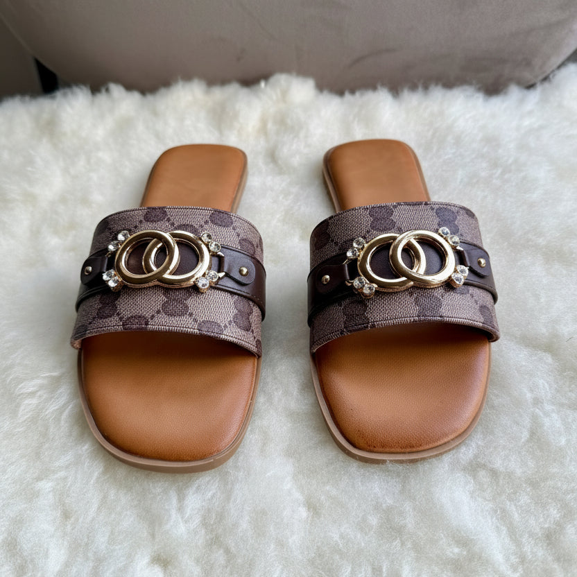 Monogram Print Sliders with Interlocking Ring Detail