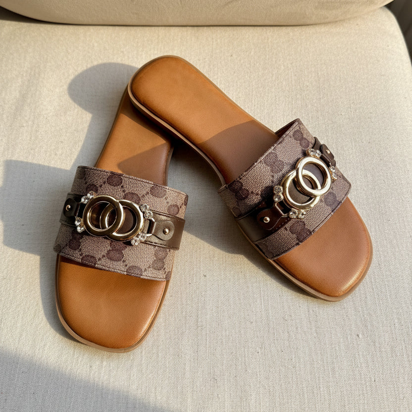 Monogram Print Sliders with Interlocking Ring Detail