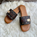 Monogram Gold Clasp Slide Sandals