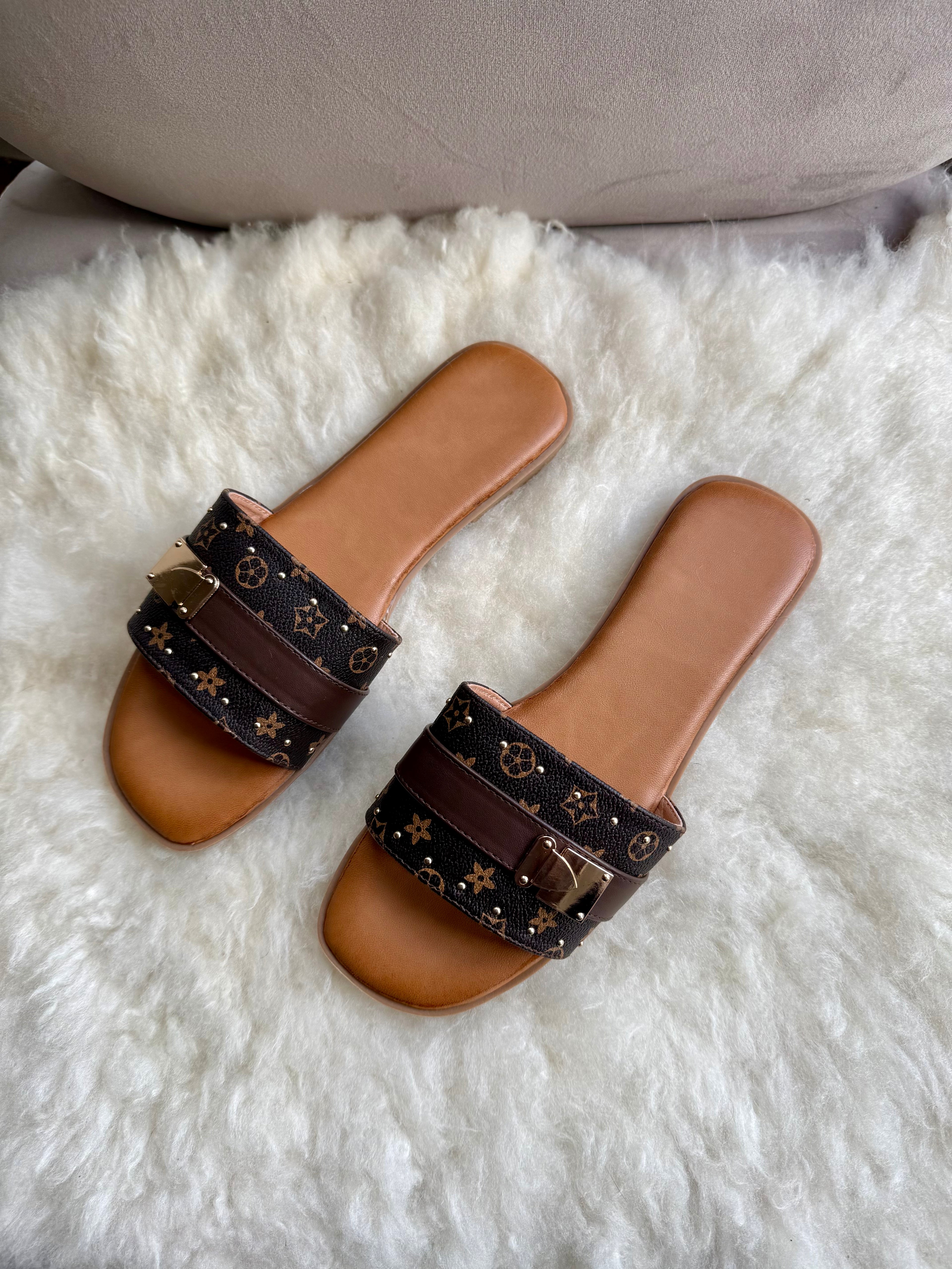 Monogram Gold Clasp Slide Sandals